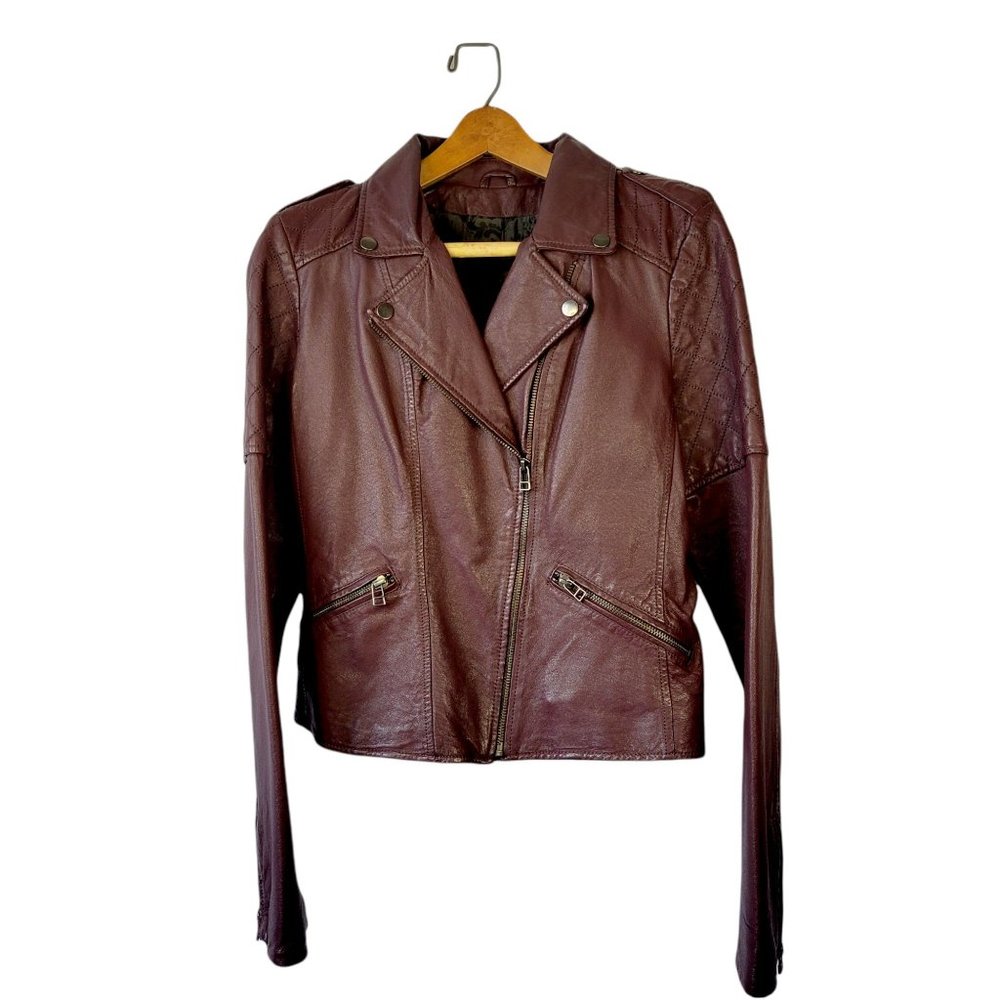 Sanctuary Noir Genuine Leather Jacket Medium Oxblood Lined Zipper Biker Cut